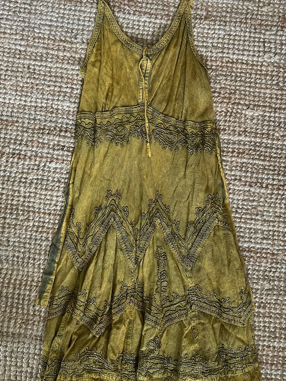 Sleeveless SAKKAS Embroidered Olive Green & Gold Midi Dress.